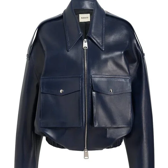 NWT KHAITE Owey Leather Jacket (Navy, Small) - Picture 2 of 6